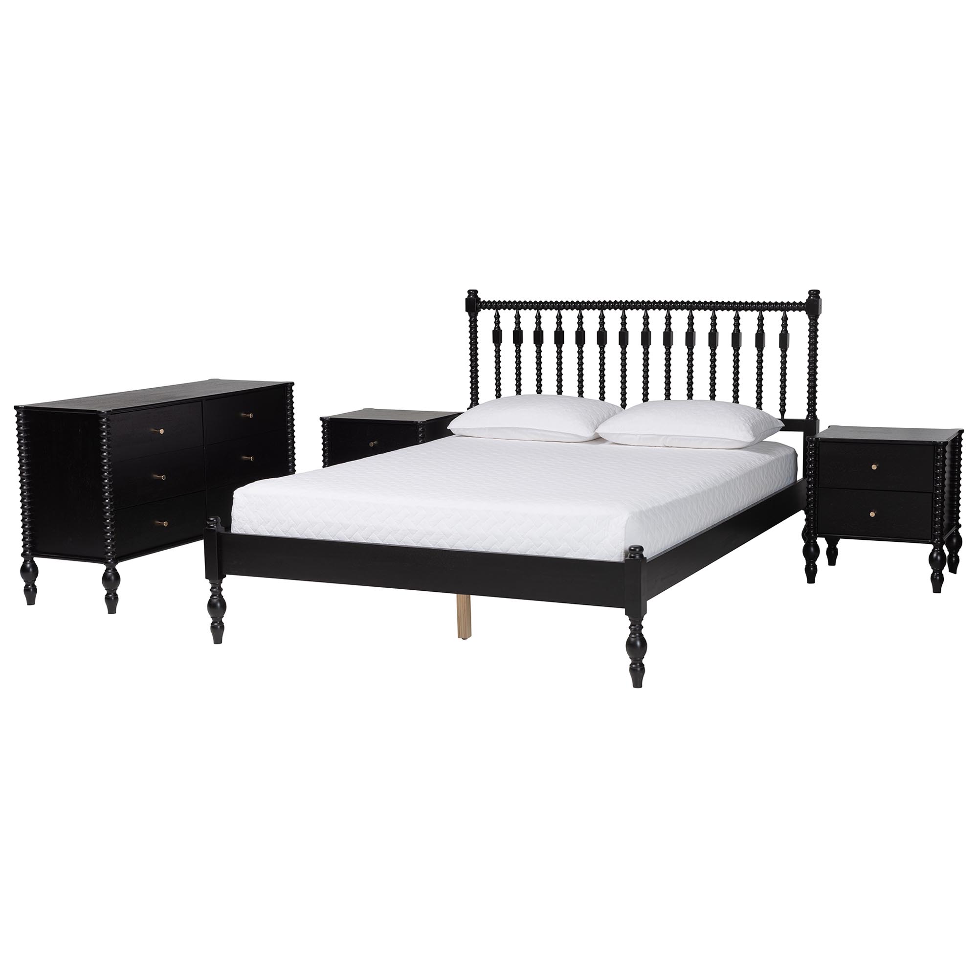 Baxton Studio Callison Spindle 4-Piece Bedroom Set - Farmhouse Platform Bed with Matching Dresser and 2-Drawer Nightstands, Black, Queen